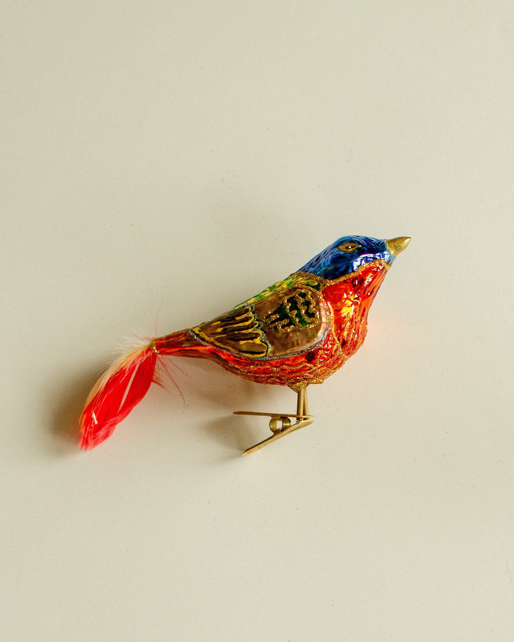 Glass Bird Ornament - blue red gold